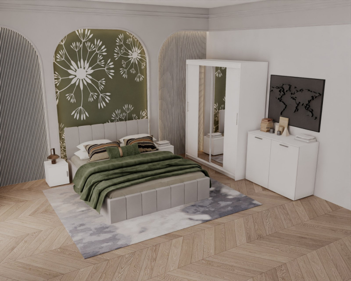 Set Dormitor Alex cu oglinda, 160x200cm, Gri deschis + Alb, Pal 18 mm [2]