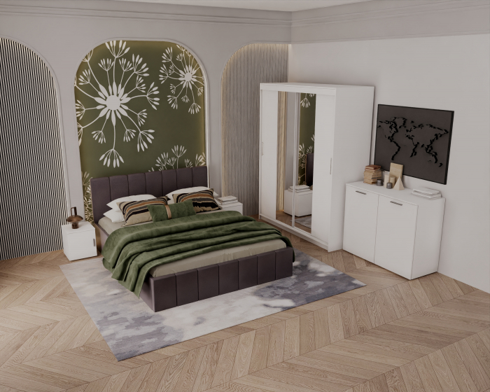 Set Dormitor Alex cu oglinda, 160x200cm, Gri inchis + Alb, Pal 18 mm [2]