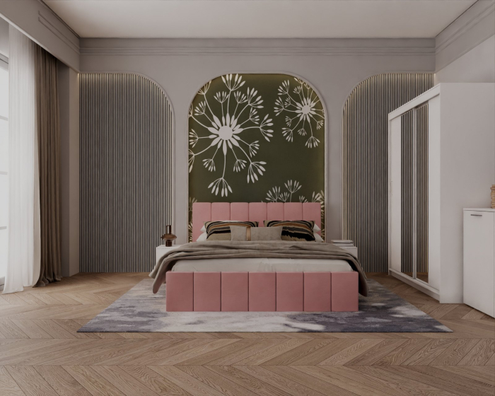 Set Dormitor Alex cu oglinda, 160x200cm, Roz + Alb, Pal 18 mm [4]