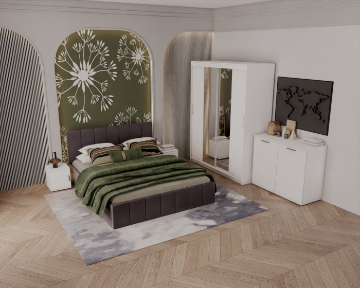 Set Dormitor Alex cu oglinda, 160x200cm, Gri Inchis + Alb, Pal 18 mm [2]