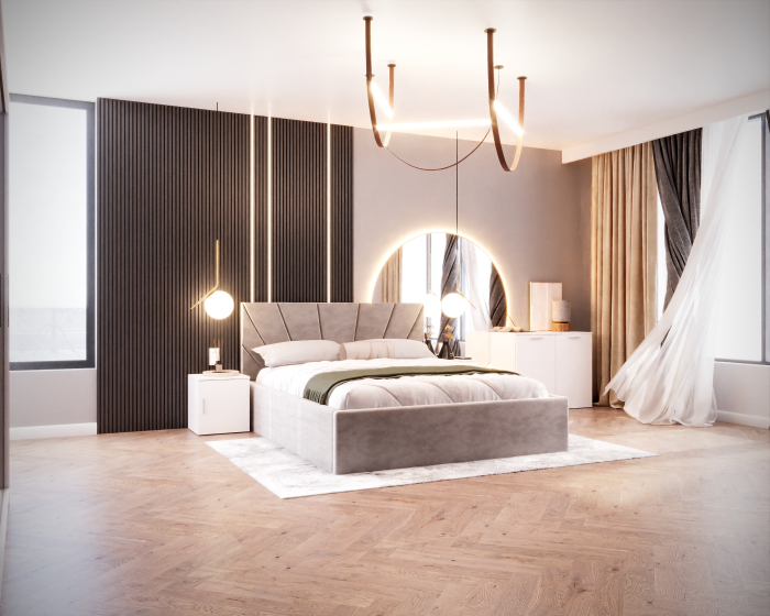 Set Dormitor Cami, Pat 140x200cm, Gri deschis+ Alb, Pal 18 mm [2]