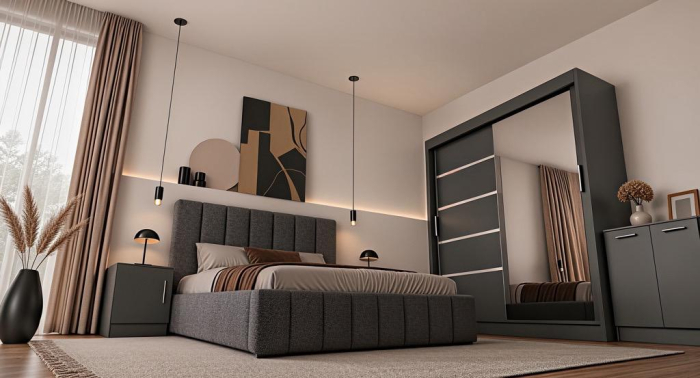 Set Dormitor Karla + somiera rabatabila, Pat 160x200 cm, Gri inchis + Antracit [4]