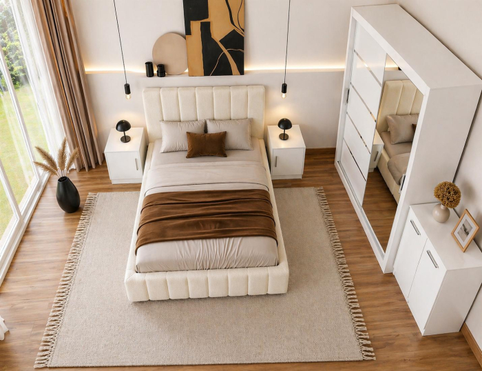 Set Dormitor Karla + somiera rabatabila , Pat 160x200 cm, Crem + Alb [3]