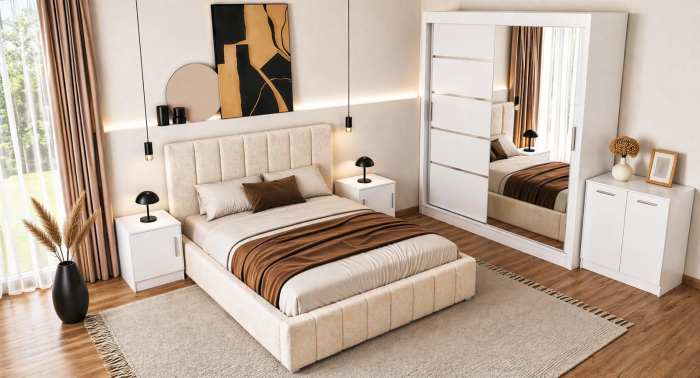 Set Dormitor Karla + somiera rabatabila , Pat 160x200 cm, Crem + Alb [2]