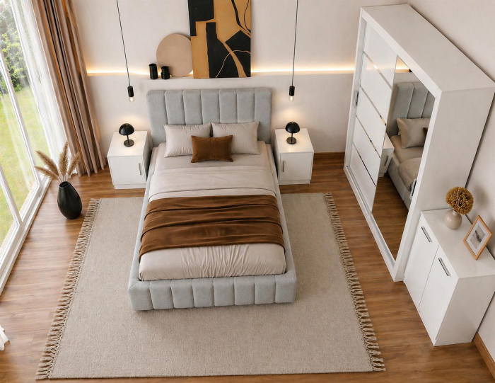 Set Dormitor Karla + somiera rabatabila, Pat 160x200 cm, Gri deschis + Alb [2]