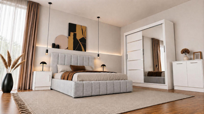 Set Dormitor Karla + somiera rabatabila, Pat 160x200 cm, Gri deschis + Alb [4]