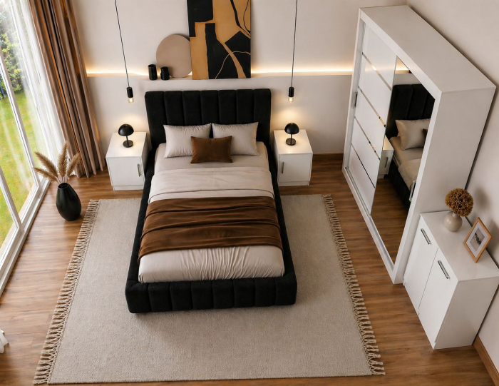 Set Dormitor Karla + somiera rabatabila, Pat 160x200 cm, Negru + Alb [3]