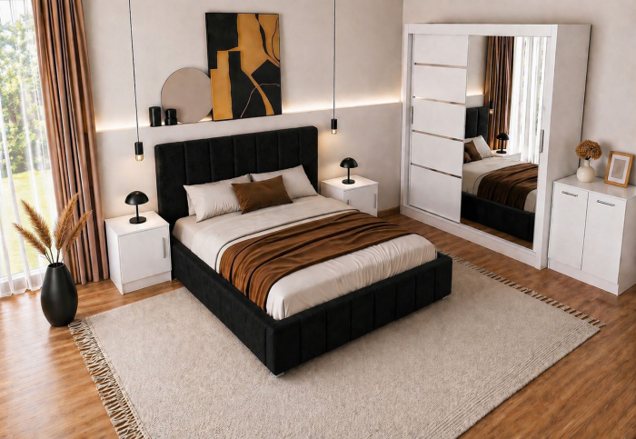 Set Dormitor Karla + somiera rabatabila, Pat 160x200 cm, Negru + Alb [2]