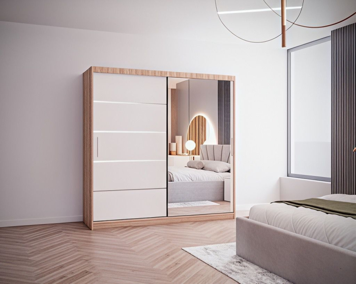 Set Dormitor Melissa, Pat Cami Gri deschis 140x200cm, DR. Sebastian Sonoma & Alb, Pal 18 mm [5]