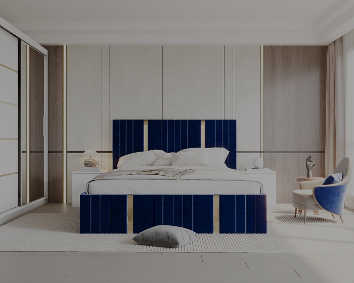 Set Dormitor Sebastian auriu cu oglinda, Pat 160x200cm, Albastru + Alb, Pal 18 mm [2]