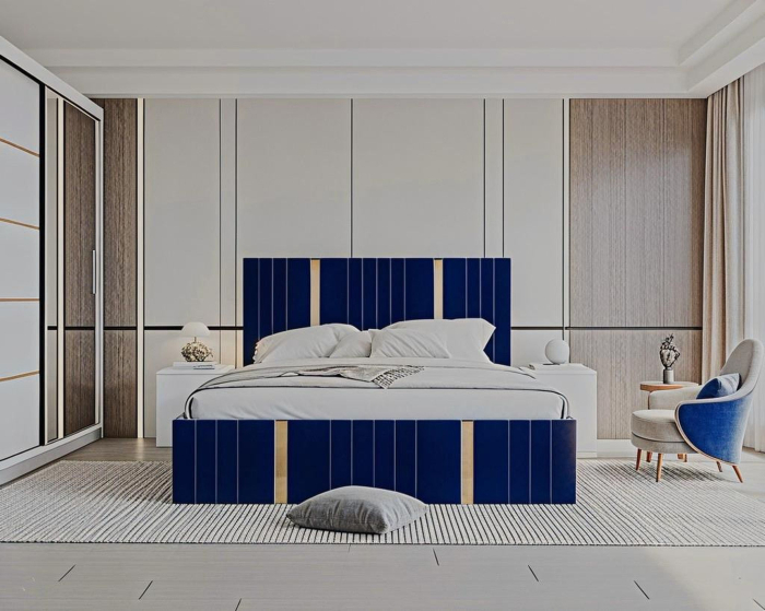 Set Dormitor Sebastian auriu cu oglinda, Pat 160x200cm, Albastru + Alb, Pal 18 mm [3]