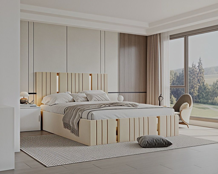 Set Dormitor Sebastian auriu cu oglinda, Pat 160x200cm, Crem + Alb, Pal 18 mm [3]