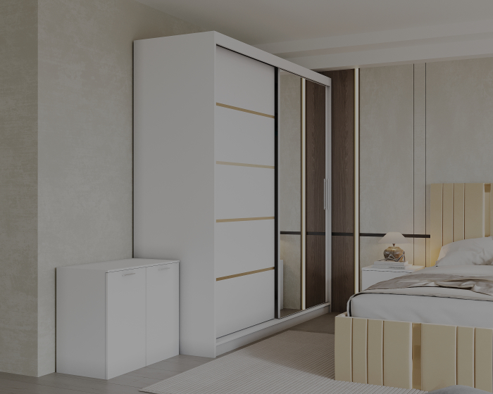 Set Dormitor Sebastian auriu cu oglinda, Pat 160x200cm, Crem + Alb, Pal 18 mm [2]