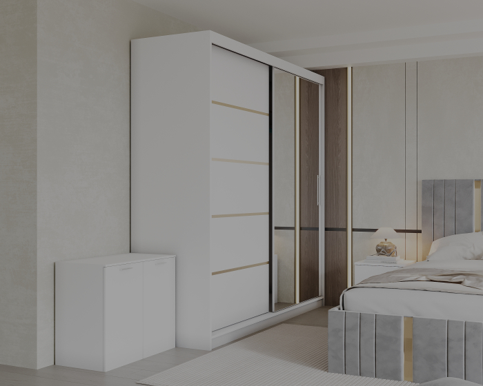 Set Dormitor Sebastian auriu cu oglinda, Pat 160x200cm, Gri deschis+ Alb, Pal 18 mm [2]