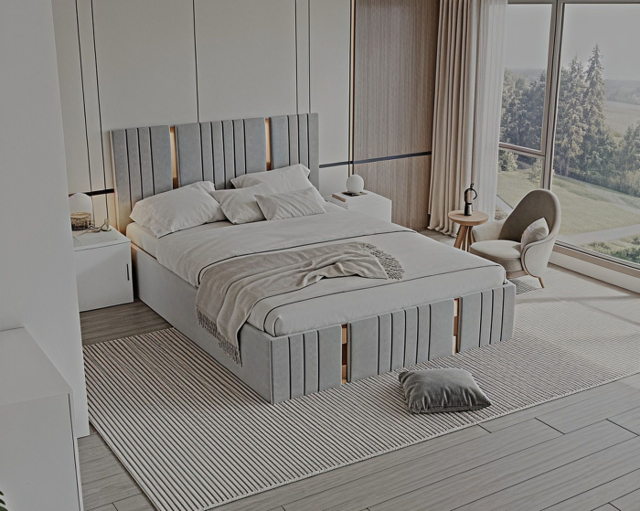 Set Dormitor Sebastian auriu cu oglinda, Pat 160x200cm, Gri deschis+ Alb, Pal 18 mm [5]