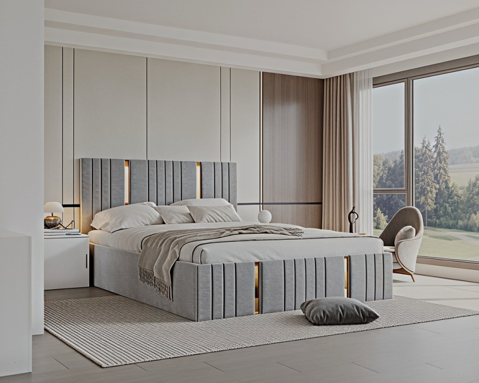 Set Dormitor Sebastian auriu cu oglinda, Pat 160x200cm, Gri deschis+ Alb, Pal 18 mm [4]