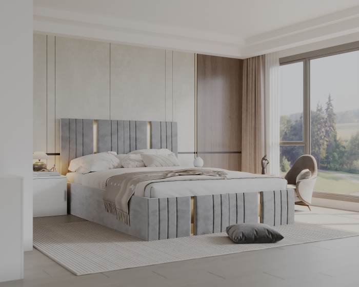 Set Dormitor Sebastian auriu cu oglinda, Pat 160x200cm, Gri deschis+ Alb, Pal 18 mm [3]