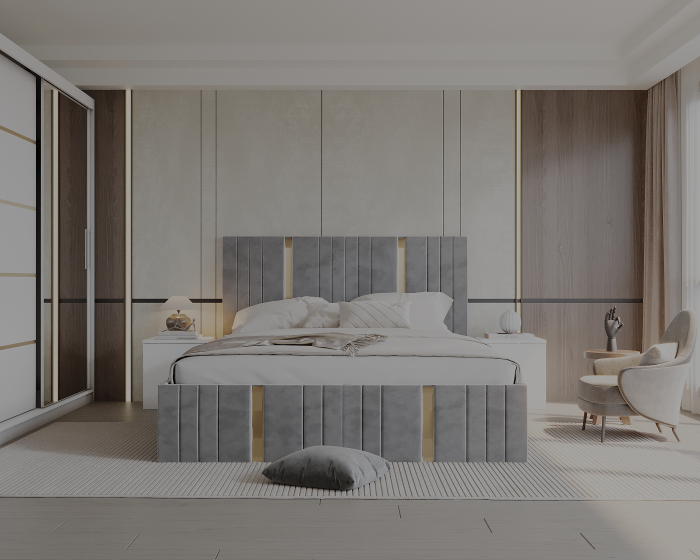 Set Dormitor Sebastian auriu cu oglinda, Pat 160x200cm, Gri deschis+ Alb, Pal 18 mm [4]