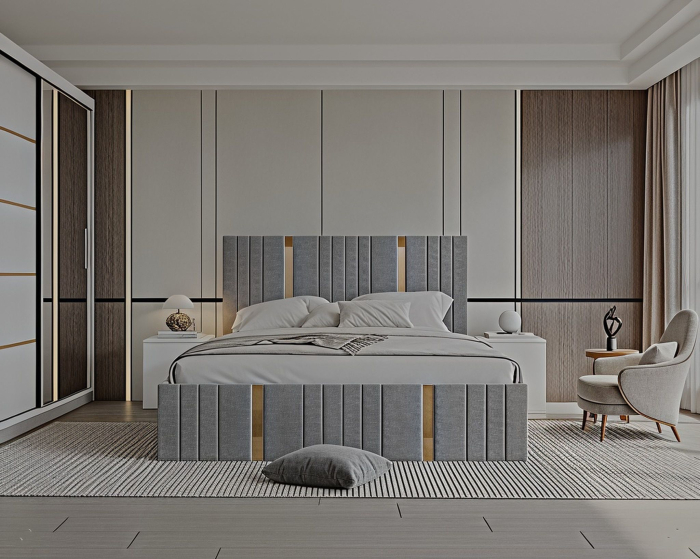 Set Dormitor Sebastian auriu cu oglinda, Pat 160x200cm, Gri deschis+ Alb, Pal 18 mm [3]