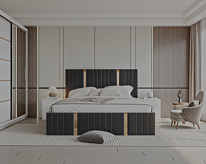 Set Dormitor Sebastian auriu cu oglinda, Pat 160x200cm, Gri inchis + Alb, Pal 18 mm [5]