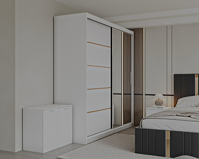 Set Dormitor Sebastian auriu cu oglinda, Pat 160x200cm, Gri inchis + Alb, Pal 18 mm [2]