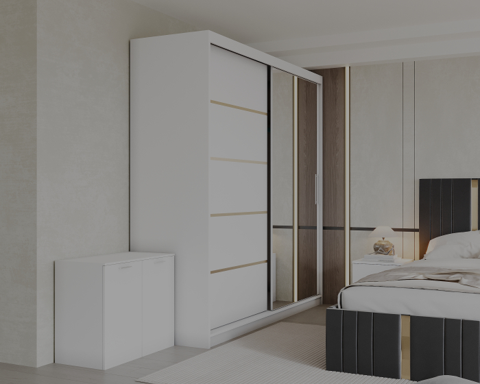 Set Dormitor Sebastian auriu cu oglinda, Pat 160x200cm, Gri inchis + Alb, Pal 18 mm [2]