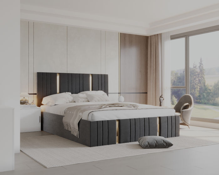 Set Dormitor Sebastian auriu cu oglinda, Pat 160x200cm, Gri inchis + Alb, Pal 18 mm [5]