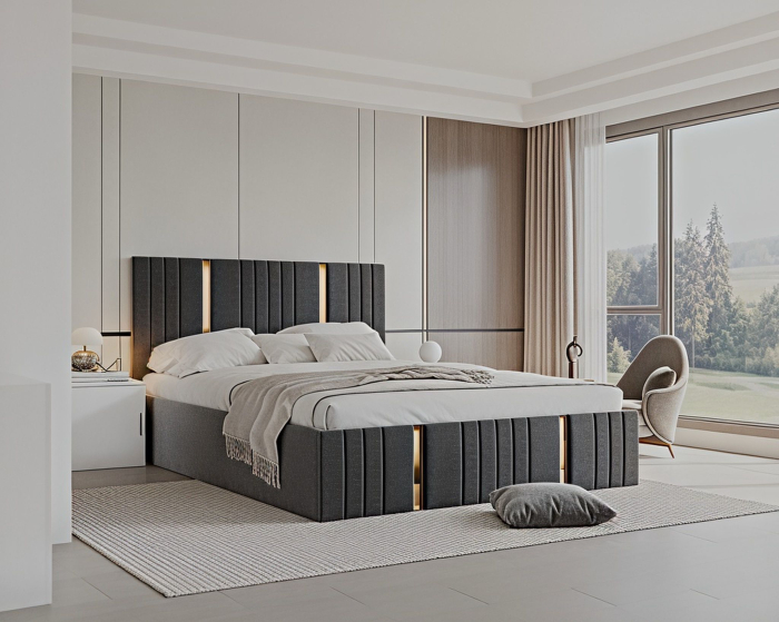 Set Dormitor Sebastian auriu cu oglinda, Pat 160x200cm, Gri inchis + Alb, Pal 18 mm [3]