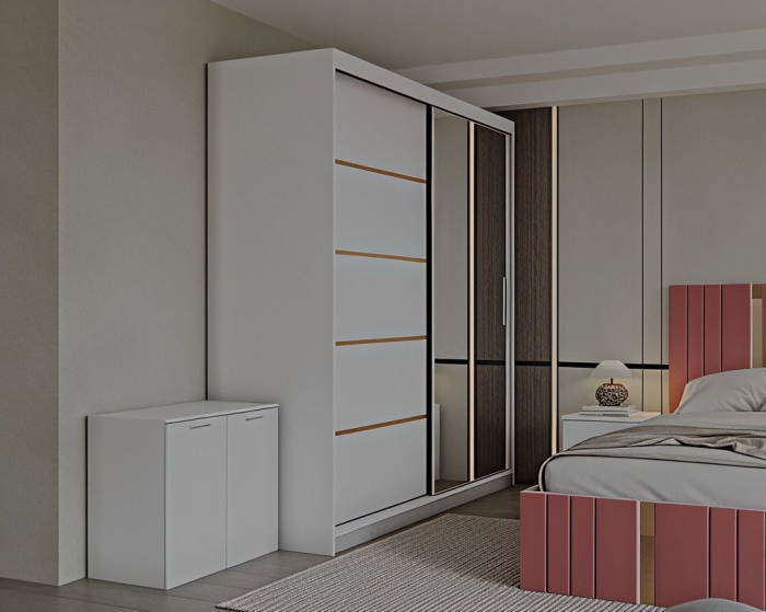 Set Dormitor Sebastian auriu cu oglinda, Pat 160x200cm, Roz + Alb, Pal 18 mm [2]