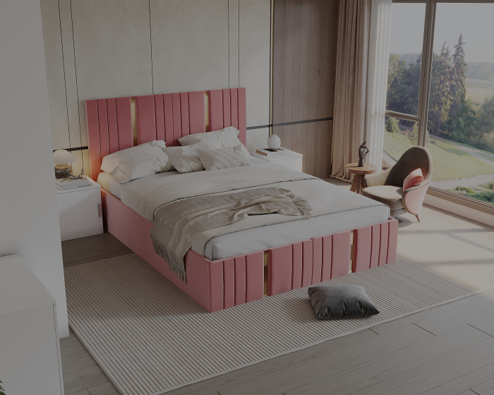 Set Dormitor Sebastian auriu cu oglinda, Pat 160x200cm, Roz + Alb, Pal 18 mm [5]