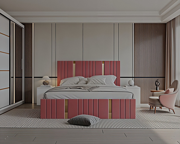 Set Dormitor Sebastian auriu cu oglinda, Pat 160x200cm, Roz + Alb, Pal 18 mm [5]