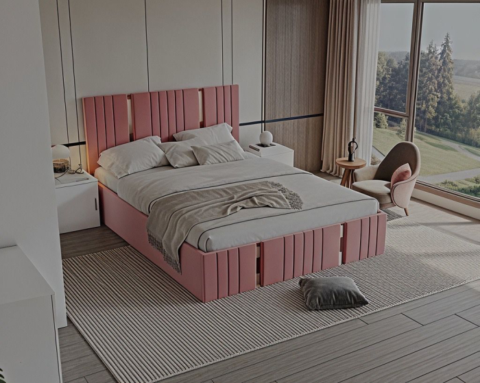 Set Dormitor Sebastian auriu cu oglinda, Pat 160x200cm, Roz + Alb, Pal 18 mm [4]