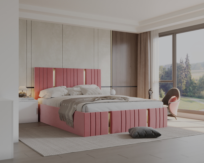 Set Dormitor Sebastian auriu cu oglinda, Pat 160x200cm, Roz + Alb, Pal 18 mm [3]