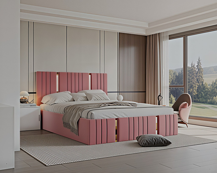 Set Dormitor Sebastian auriu cu oglinda, Pat 160x200cm, Roz + Alb, Pal 18 mm [3]