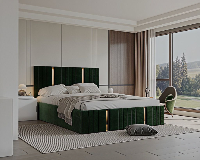 Set Dormitor Sebastian auriu cu oglinda, Pat 160x200cm, Verde + Alb, Pal 18 mm [4]