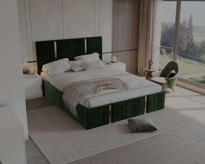 Set Dormitor Sebastian auriu cu oglinda, Pat 160x200cm, Verde + Alb, Pal 18 mm [3]