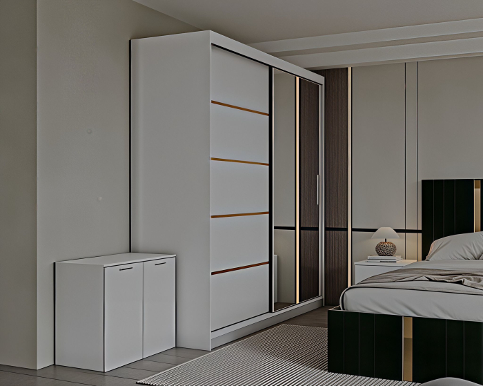 Set Dormitor Sebastian auriu cu oglinda, Pat 160x200cm, Verde + Alb, Pal 18 mm [2]