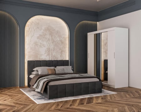 SET DORMITOR - Dormitor Alex 160x200cm, saltea inclusa, Gri inchis + Alb