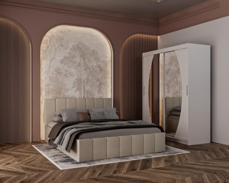 SET DORMITOR - Dormitor Aurora, 160x200cm, saltea inclusa, Crem + Alb