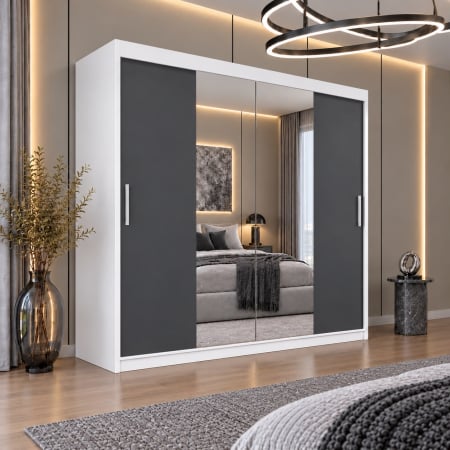 Dressing Alex, 200x60x200cm, cu oglinda, Alb/Antracit, Pal 18 mm