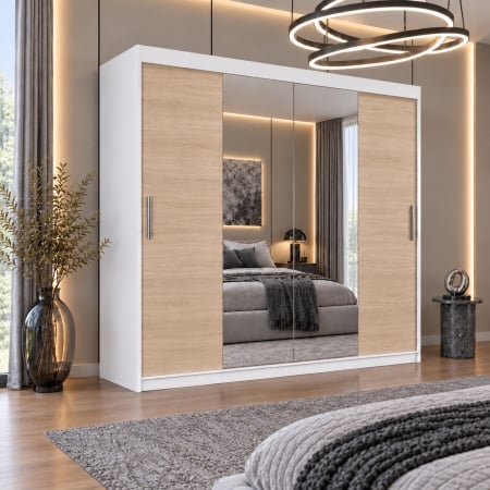 Dressing Alex, 200x60x200cm, cu oglinda, Alb/Sonoma, Pal 18 mm