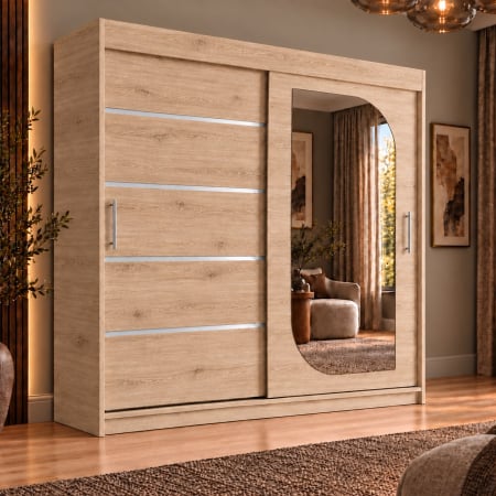 Dressing Alkam 2 usi -argintiu, 180x60x200cm, cu oglinda, Stejar Sonoma, Pal 18 mm