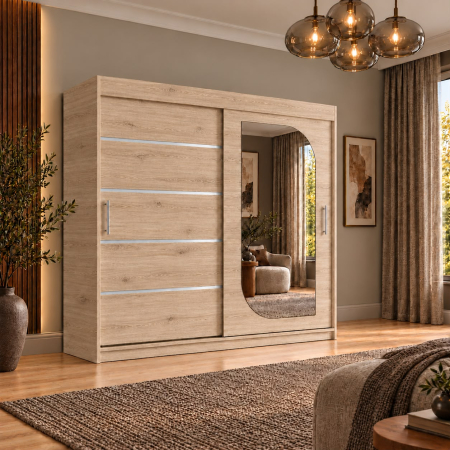 Dressing Alkam 2 usi -argintiu, 200x60x200cm, cu oglinda, Stejar Sonoma, Pal 18 mm [3]