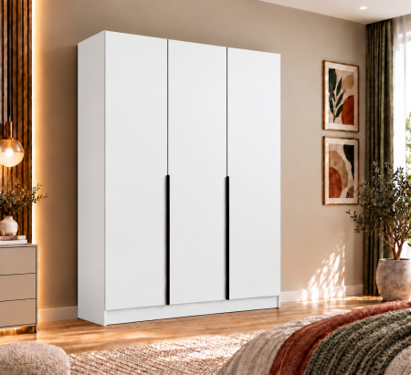 Dulap Vento 3 usi, 150x50x200 cm, Alb, manere negre, Pal 18 mm