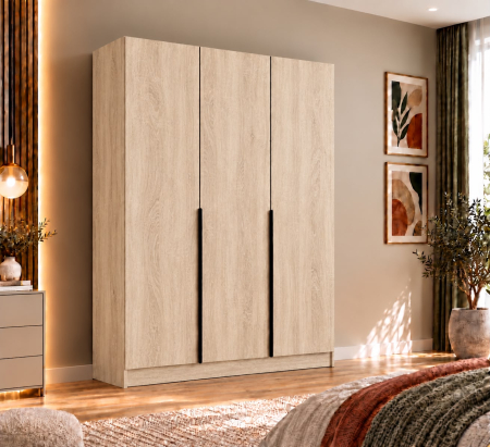 Dulap Vento 3 usi, 150x50x200 cm, Stejar Sonoma, manere negre, Pal 18 mm