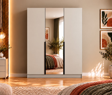 Dulap Vento 3 usi cu oglinda, 150x50x200 cm, Casmir, manere negre,  Pal 18 mm [1]