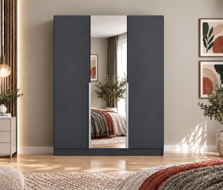 Dulap Vento 3 usi cu oglinda, 150x50x200 cm, Antracit, manere argintii, Pal 18 mm [1]