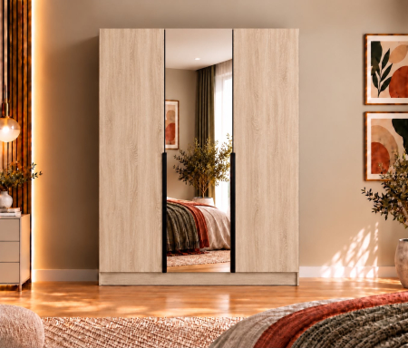 Dulap Vento 3 usi cu oglinda, 150x50x200 cm, Stejar Sonoma, manere negre, Pal 18 mm [1]