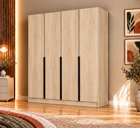 Dulap Vento 4 usi, 200x50x200 cm, Stejar Sonoma, manere negre, Pal 18 mm [1]