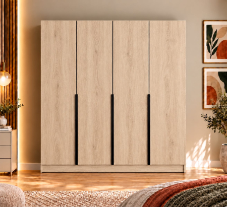 Dulap Vento 4 usi, 200x50x200 cm, Stejar Sonoma, manere negre, Pal 18 mm [2]